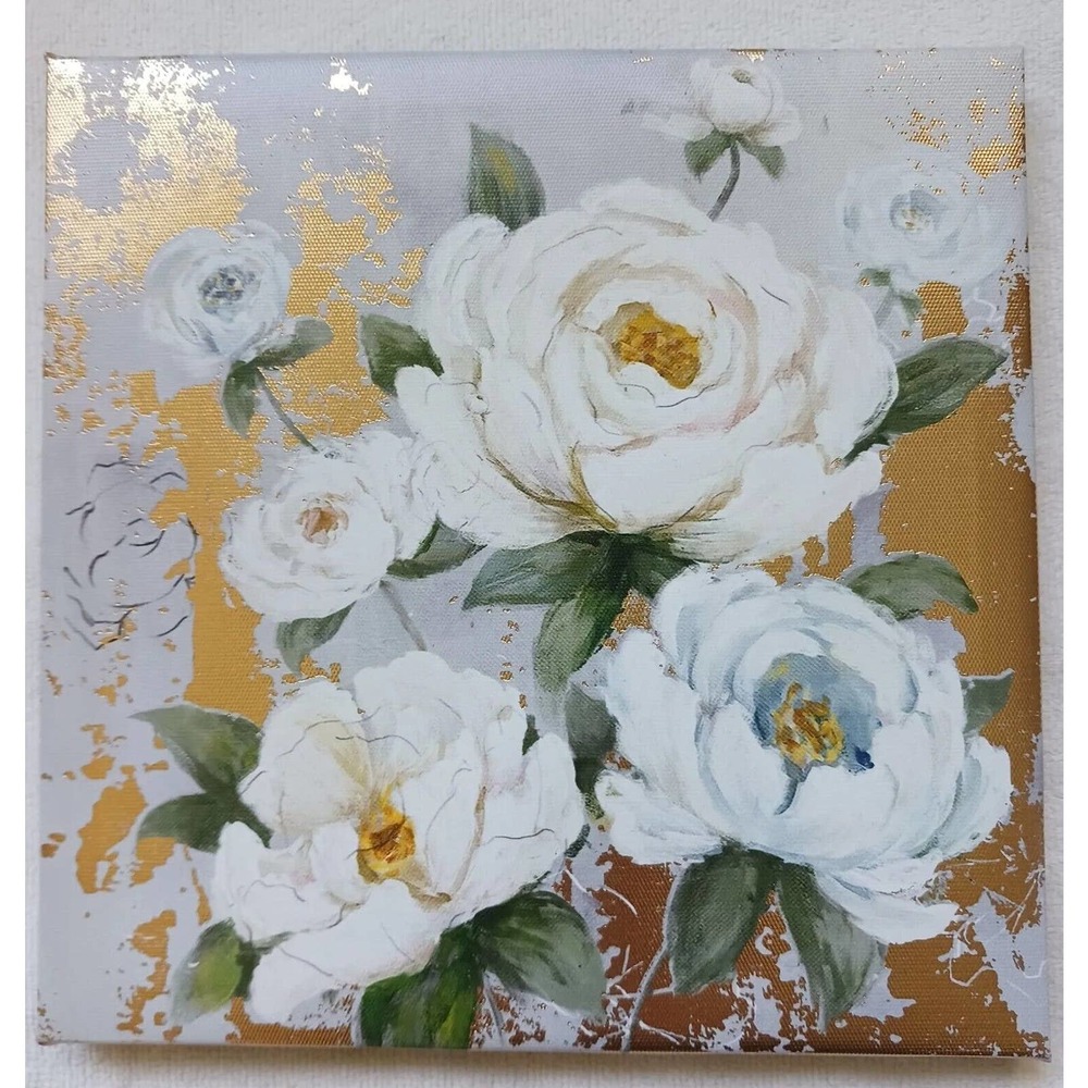 ROSES‎ Gold Leaf White Bouquet Flowers Floral Luxury Canvas Wall Art Small 8x8w